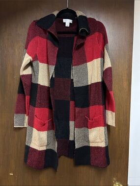 Christopher & Banks Red Black Cream Plaid Open-Front Cardigan